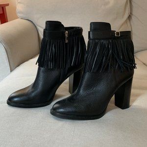 Black Leather Heeled Booties with Fringe